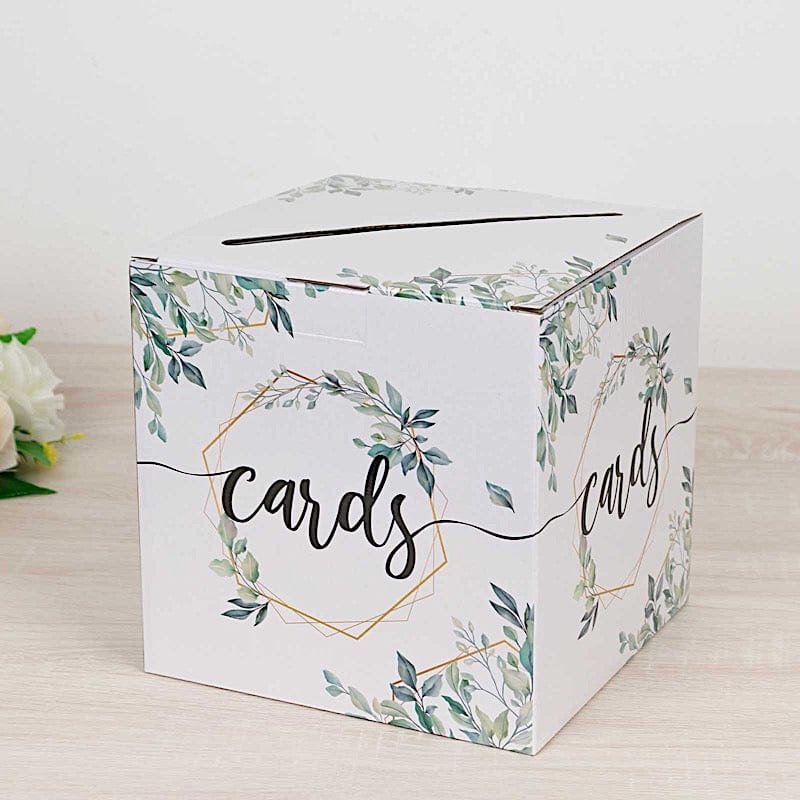 8" x 8" Greenery Theme Money Card Box with Geometric Foil Print - White and Gold WED_RCPT_SIGN_CARB01_GRN