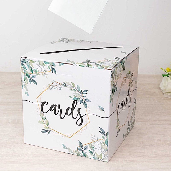 8" x 8" Greenery Theme Money Card Box with Geometric Foil Print - White and Gold WED_RCPT_SIGN_CARB01_GRN