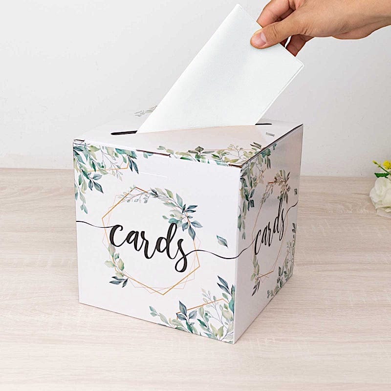 8" x 8" Greenery Theme Money Card Box with Geometric Foil Print - White and Gold WED_RCPT_SIGN_CARB01_GRN