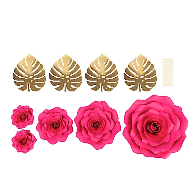 9 3D Rose Paper Flowers with Gold Monstera Leaves PAP_FLO_RS01_FUSH