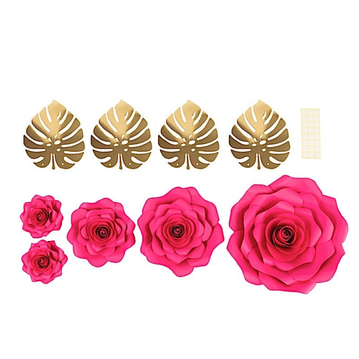 9 3D Rose Paper Flowers with Gold Monstera Leaves PAP_FLO_RS01_FUSH