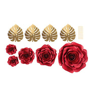 9 3D Rose Paper Flowers with Gold Monstera Leaves PAP_FLO_RS01_RED