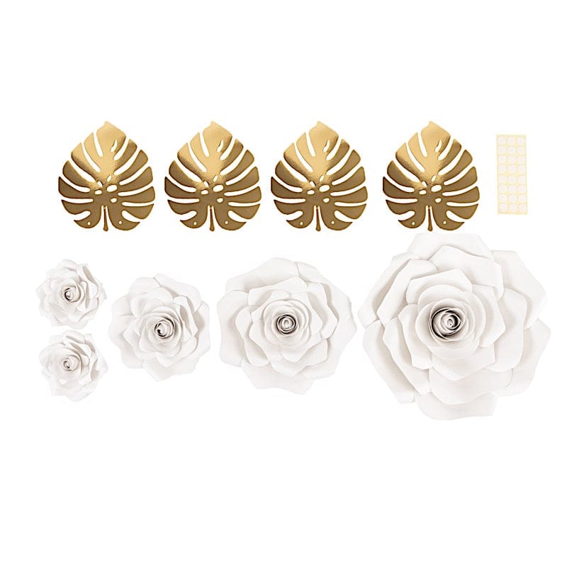 9 3D Rose Paper Flowers with Gold Monstera Leaves PAP_FLO_RS01_WHT