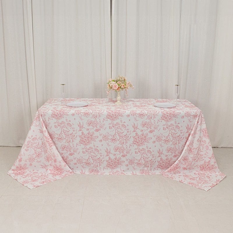 90" x 132" French Toile Pattern Polyester Rectangular Tablecloth - White