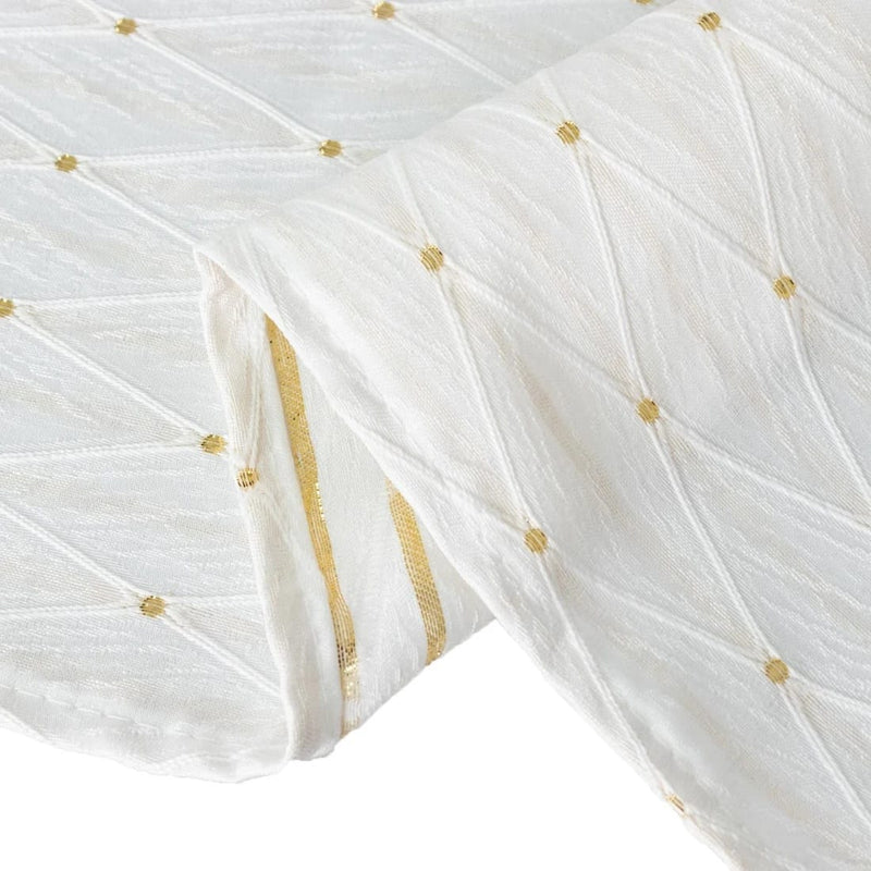 90" x 132" Jacquard Polyester Rectangular Tablecloth with Diamond Trellis and Gold Accents