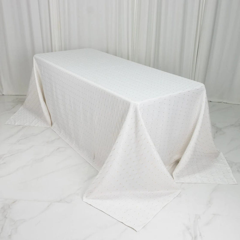 90" x 132" Jacquard Polyester Rectangular Tablecloth with Diamond Trellis and Gold Accents