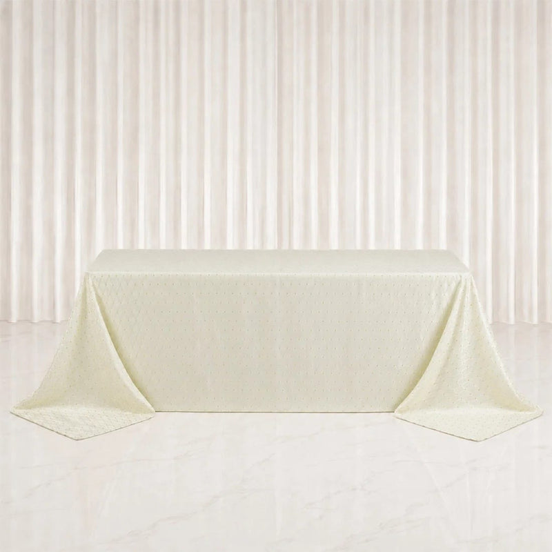 90" x 132" Jacquard Polyester Rectangular Tablecloth with Diamond Trellis and Gold Accents