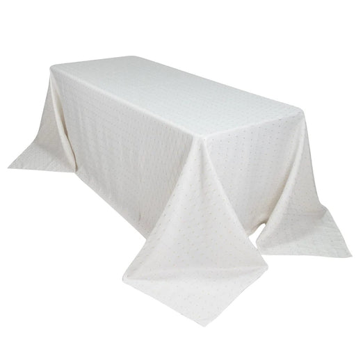 90" x 132" Jacquard Polyester Rectangular Tablecloth with Diamond Trellis and Gold Accents TAB_JAC01_90132_WHT