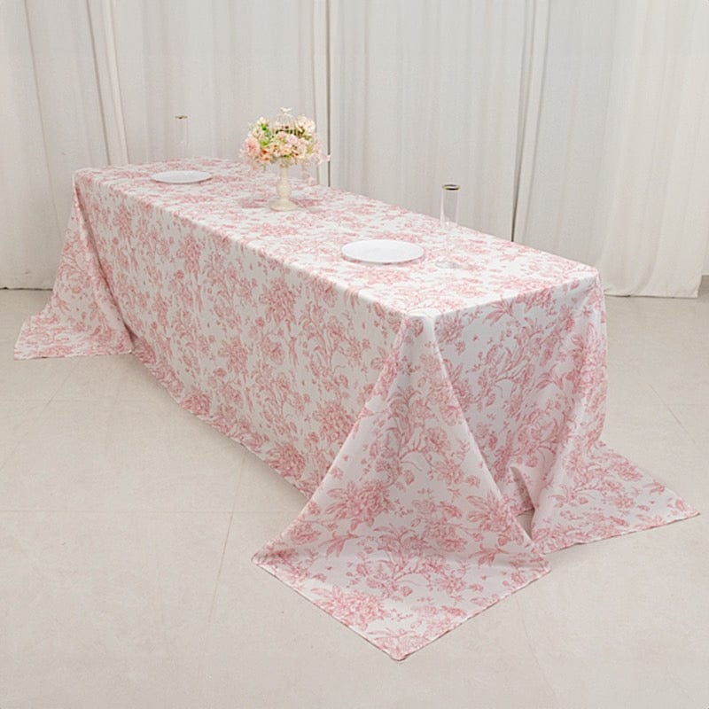 90" x 156" French Toile Pattern Polyester Rectangular Tablecloth - White