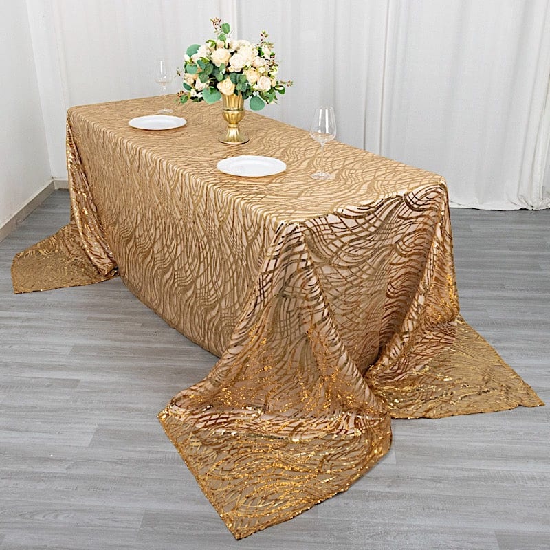 90" x 156" Mesh Rectangular Tablecloth with Wavy Embroidered Sequins