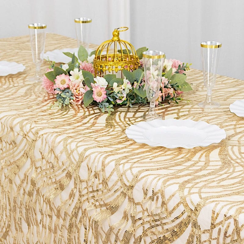 90" x 156" Mesh Rectangular Tablecloth with Wavy Embroidered Sequins