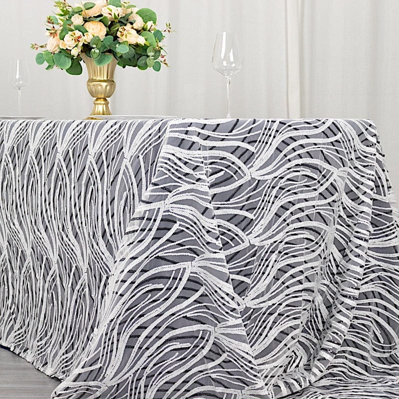 90" x 156" Mesh Rectangular Tablecloth with Wavy Embroidered Sequins