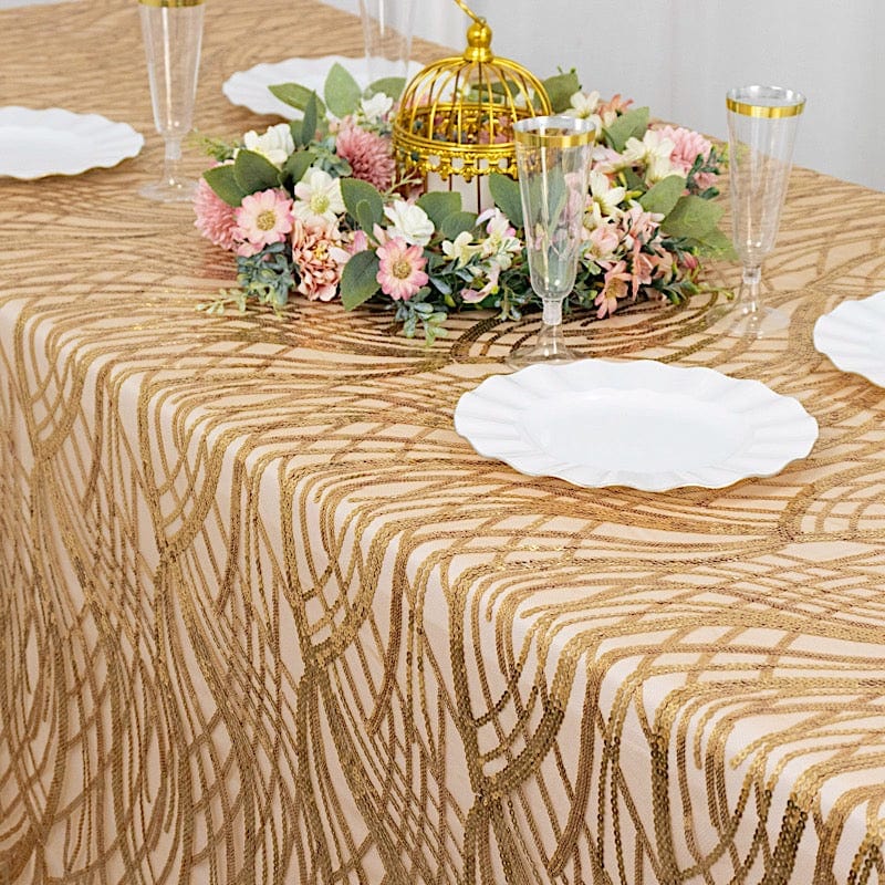90" x 156" Mesh Rectangular Tablecloth with Wavy Embroidered Sequins