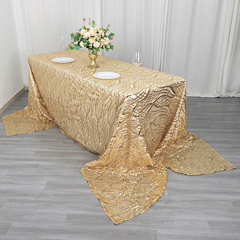 90" x 156" Mesh Rectangular Tablecloth with Wavy Embroidered Sequins