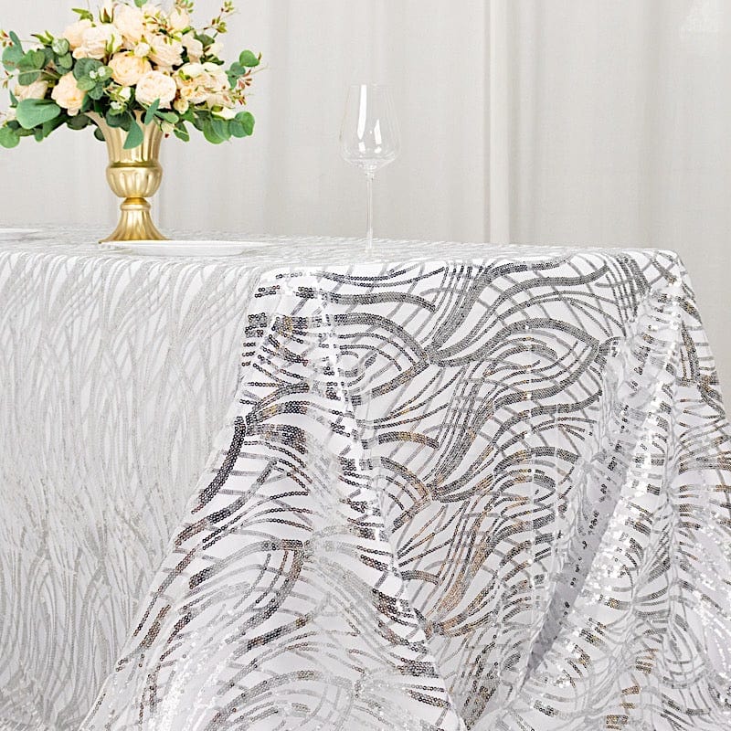 90" x 156" Mesh Rectangular Tablecloth with Wavy Embroidered Sequins