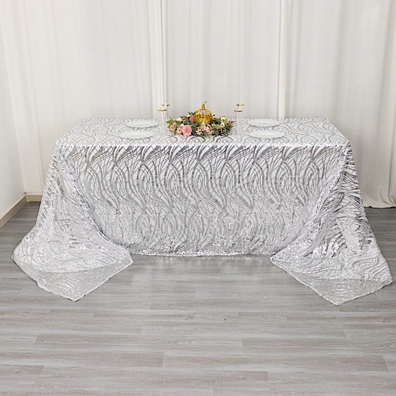 90" x 156" Mesh Rectangular Tablecloth with Wavy Embroidered Sequins