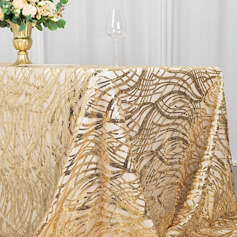 90" x 156" Mesh Rectangular Tablecloth with Wavy Embroidered Sequins