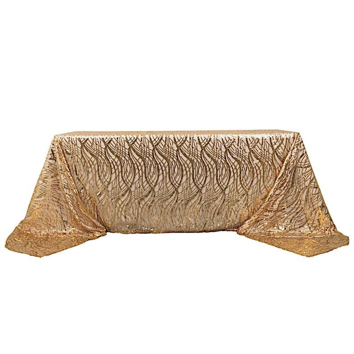 90" x 156" Mesh Rectangular Tablecloth with Wavy Embroidered Sequins TAB_02_WAVE_90156_GOLD