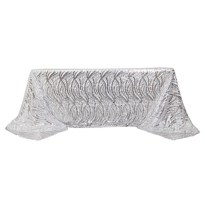 90" x 156" Mesh Rectangular Tablecloth with Wavy Embroidered Sequins TAB_02_WAVE_90156_SILV