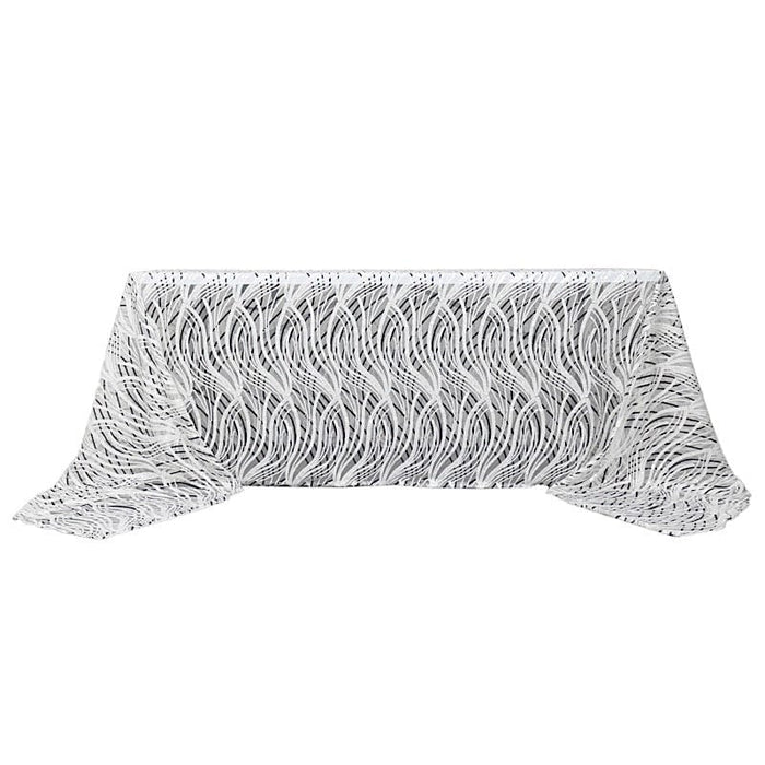 90" x 156" Mesh Rectangular Tablecloth with Wavy Embroidered Sequins TAB_02_WAVE_90156_WHBK
