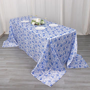 90"x132" Chinoiserie Floral Print Satin Rectangular Tablecloth - White and Blue TAB_STN_FLOR_90132_BLUE