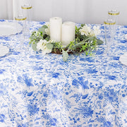 90"x132" Chinoiserie Floral Print Satin Rectangular Tablecloth - White and Blue TAB_STN_FLOR_90132_BLUE