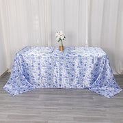 90"x132" Chinoiserie Floral Print Satin Rectangular Tablecloth - White and Blue TAB_STN_FLOR_90132_BLUE
