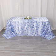 90"x132" Chinoiserie Floral Print Satin Rectangular Tablecloth - White and Blue TAB_STN_FLOR_90132_BLUE