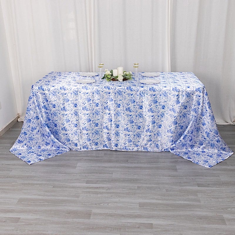 90"x132" Chinoiserie Floral Print Satin Rectangular Tablecloth - White and Blue TAB_STN_FLOR_90132_BLUE