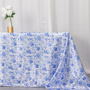 90"x132" Chinoiserie Floral Print Satin Rectangular Tablecloth - White and Blue TAB_STN_FLOR_90132_BLUE