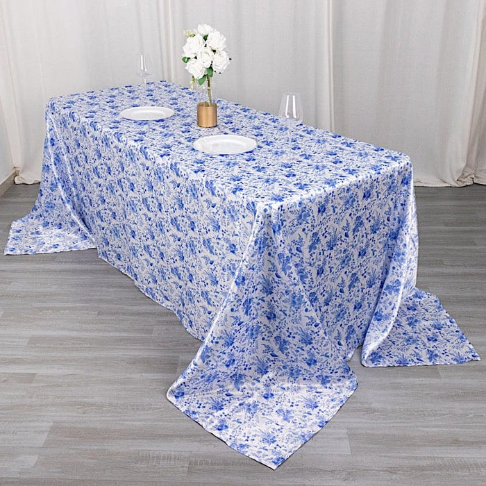 90"x132" Chinoiserie Floral Print Satin Rectangular Tablecloth - White and Blue TAB_STN_FLOR_90132_BLUE