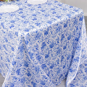 90"x132" Chinoiserie Floral Print Satin Rectangular Tablecloth - White and Blue TAB_STN_FLOR_90132_BLUE