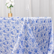 90"x132" Chinoiserie Floral Print Satin Rectangular Tablecloth - White and Blue TAB_STN_FLOR_90132_BLUE