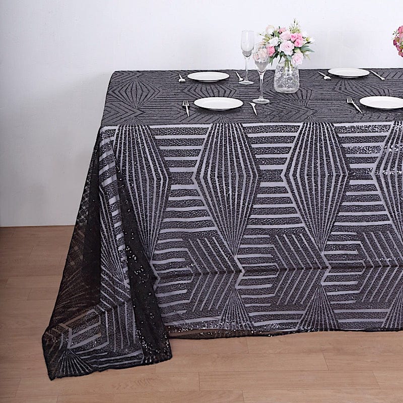 90"x132" Tulle Rectangular Tablecloth with Sequins and Geometric Pattern