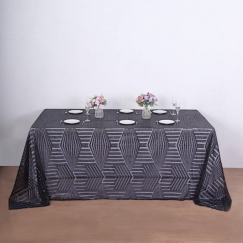 90"x132" Tulle Rectangular Tablecloth with Sequins and Geometric Pattern