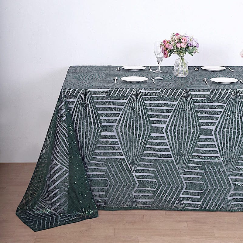 90"x132" Tulle Rectangular Tablecloth with Sequins and Geometric Pattern