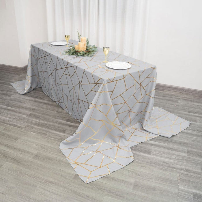 90"x156" Polyester Rectangular Tablecloth with Metallic Geometric Pattern TAB_FOIL_90156_SILV_G