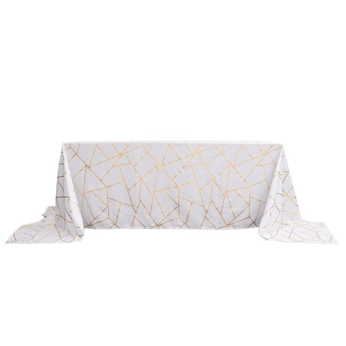 90"x156" Polyester Rectangular Tablecloth with Metallic Geometric Pattern TAB_FOIL_90156_WHT_G
