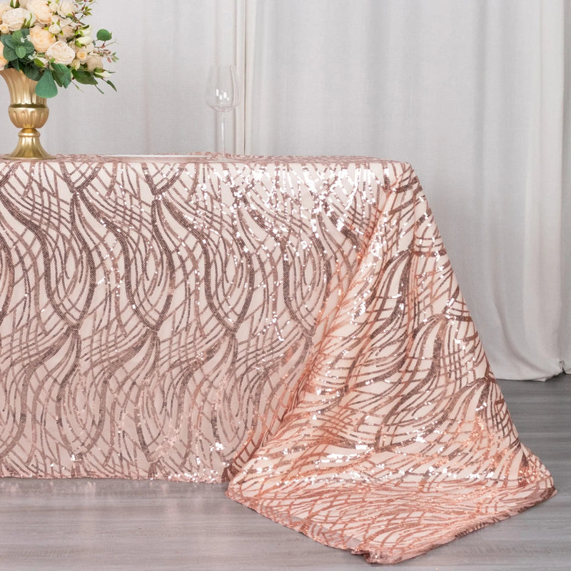 90"x156" Wave Mesh Rectangular Tablecloth with Embroidered Sequins