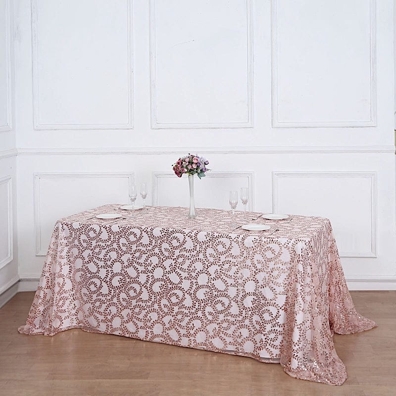 90x156" Sequin Leaf Embroidered Tulle Rectangular Tablecloth