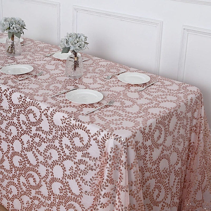 90x156" Sequin Leaf Embroidered Tulle Rectangular Tablecloth
