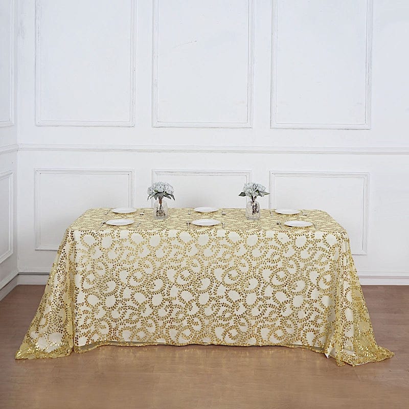 90x156" Sequin Leaf Embroidered Tulle Rectangular Tablecloth