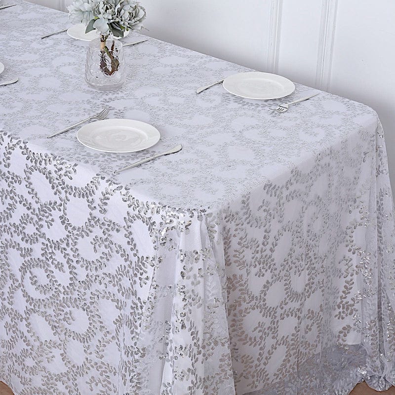 90x156" Sequin Leaf Embroidered Tulle Rectangular Tablecloth