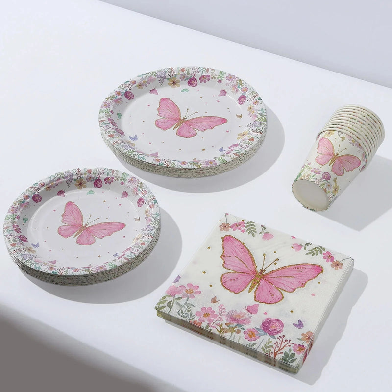 96 Butterfly Print Disposable Tableware Set - White and Pink DSP_PSET_R006_WHT