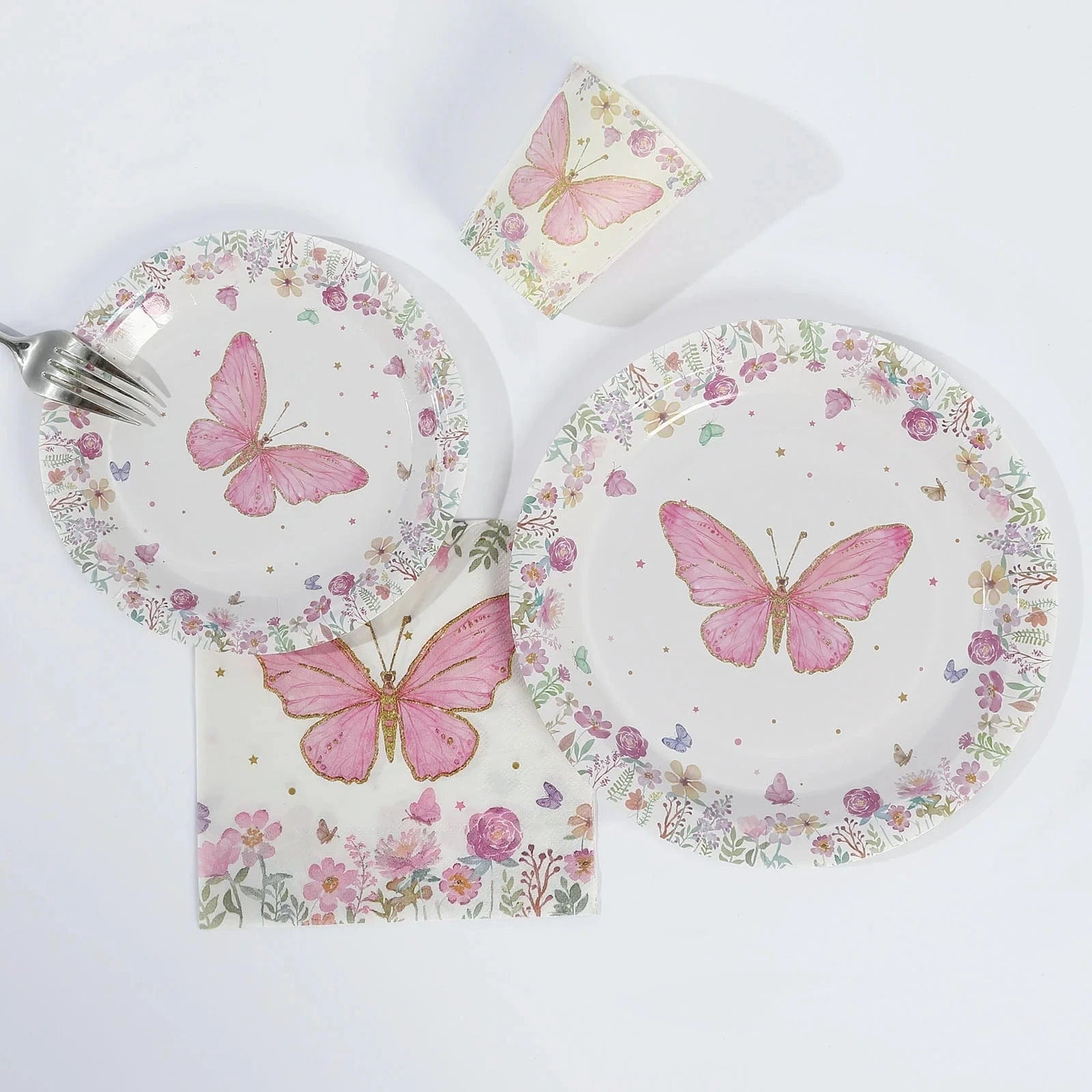 96 Butterfly Print Disposable Tableware Set - White and Pink DSP_PSET_R006_WHT