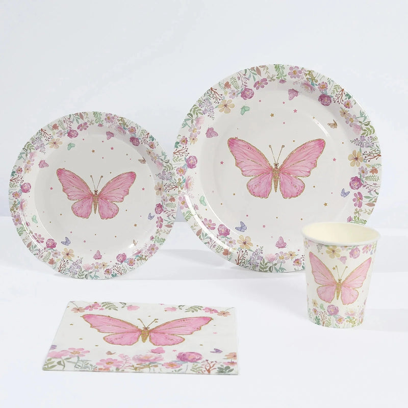 96 Butterfly Print Disposable Tableware Set - White and Pink DSP_PSET_R006_WHT
