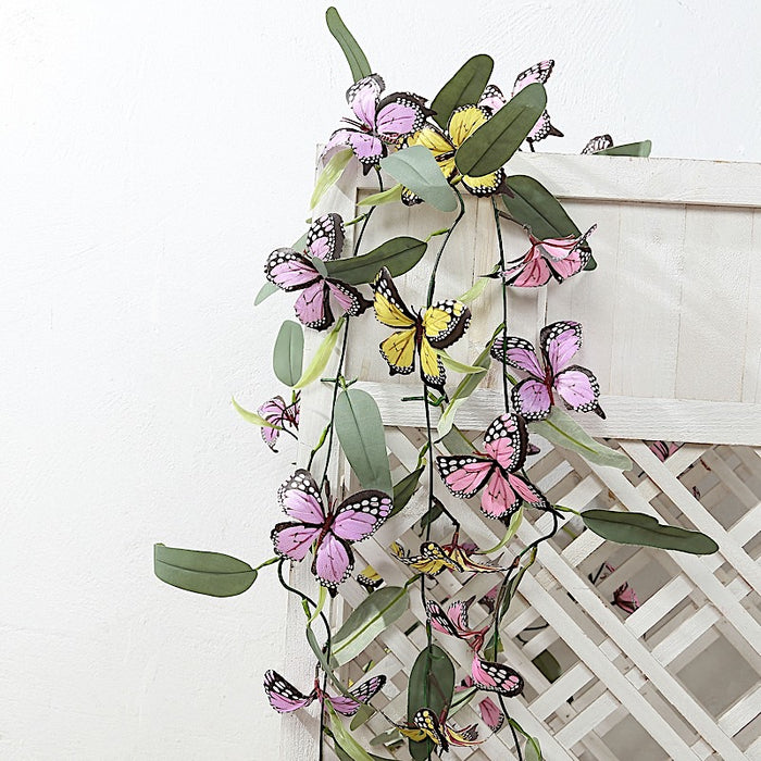 3 pcs Faux Butterfly Flowers 6 ft Garlands with Willow Greenery Leaves - Assorted