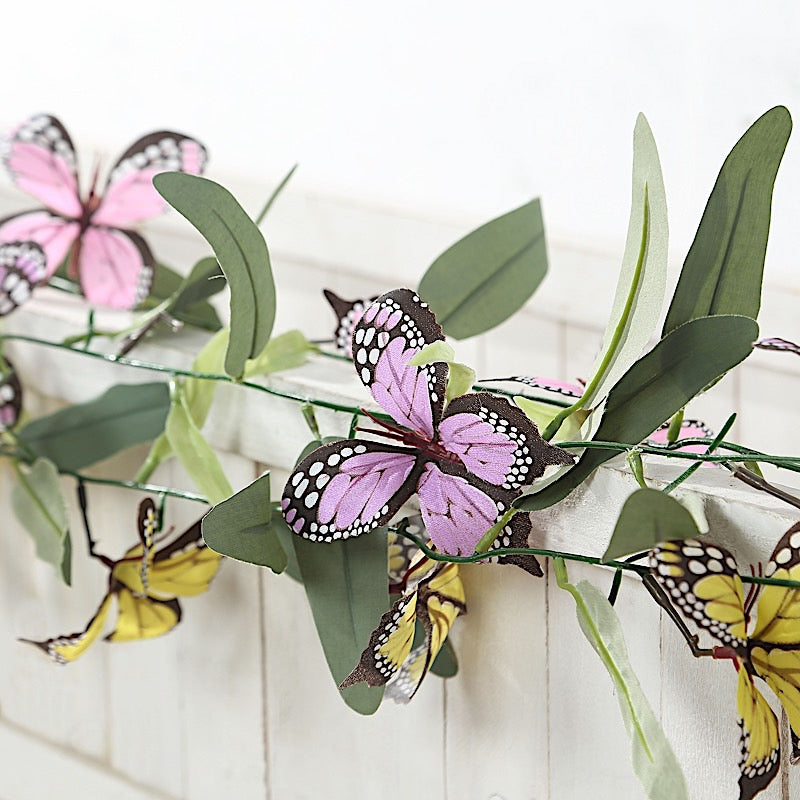 3 pcs Faux Butterfly Flowers 6 ft Garlands with Willow Greenery Leaves - Assorted