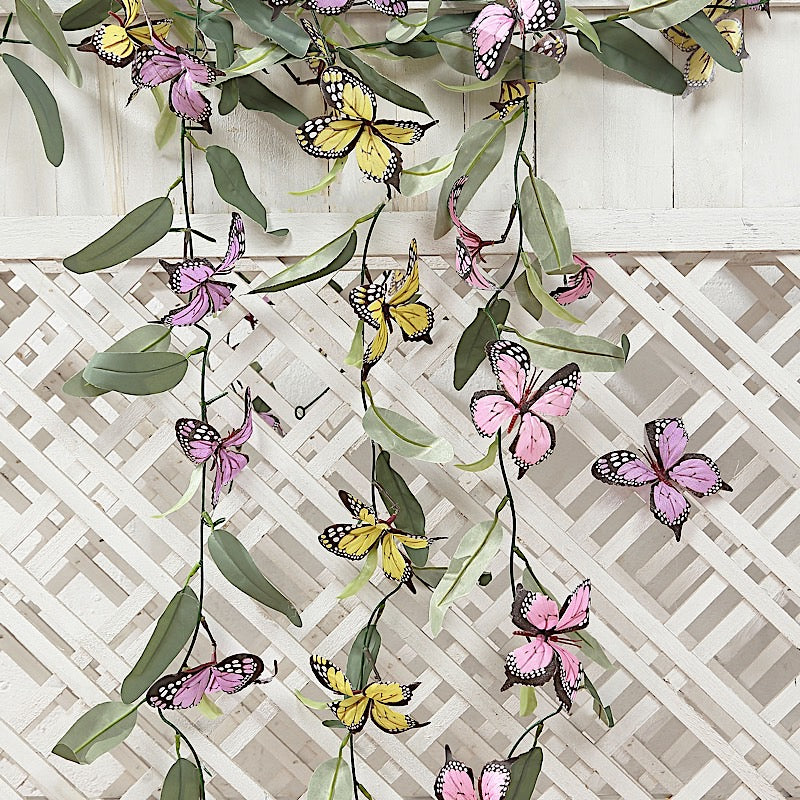 3 pcs Faux Butterfly Flowers 6 ft Garlands with Willow Greenery Leaves - Assorted