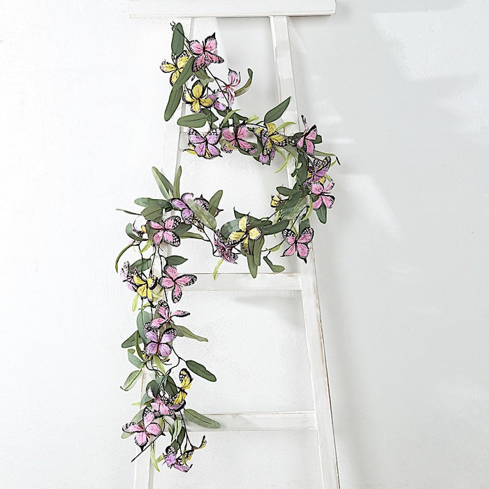 3 pcs Faux Butterfly Flowers 6 ft Garlands with Willow Greenery Leaves - Assorted